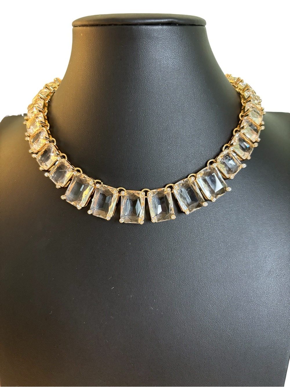 Elegant Emerald Cut Clear Crystal & Gold Tone Statement Necklace.